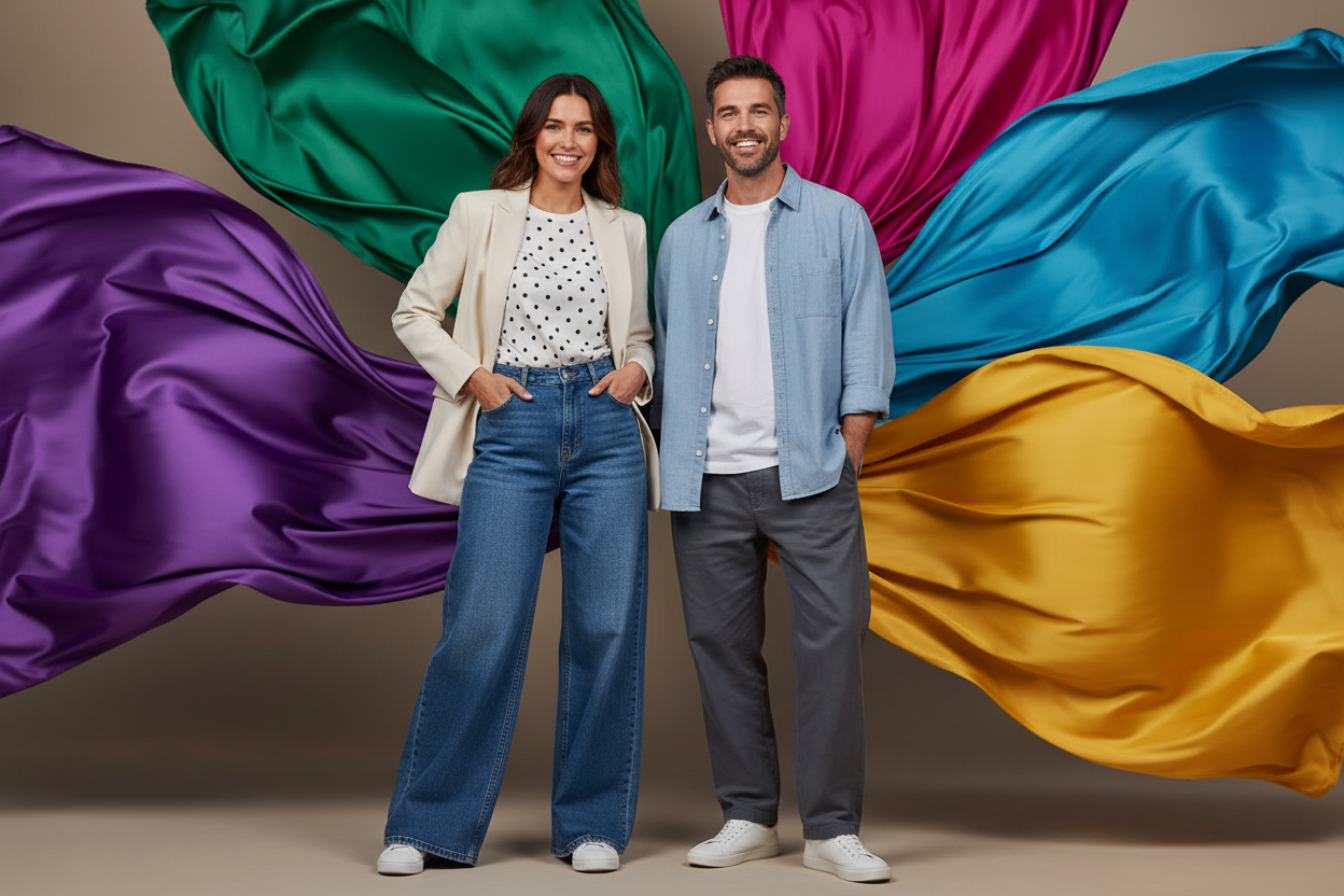 Banner con jeans lunghi e morbidi